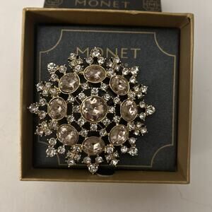 Vintage Monet Brooch Pink Rhinestone Gold Tone Sunburst Floral